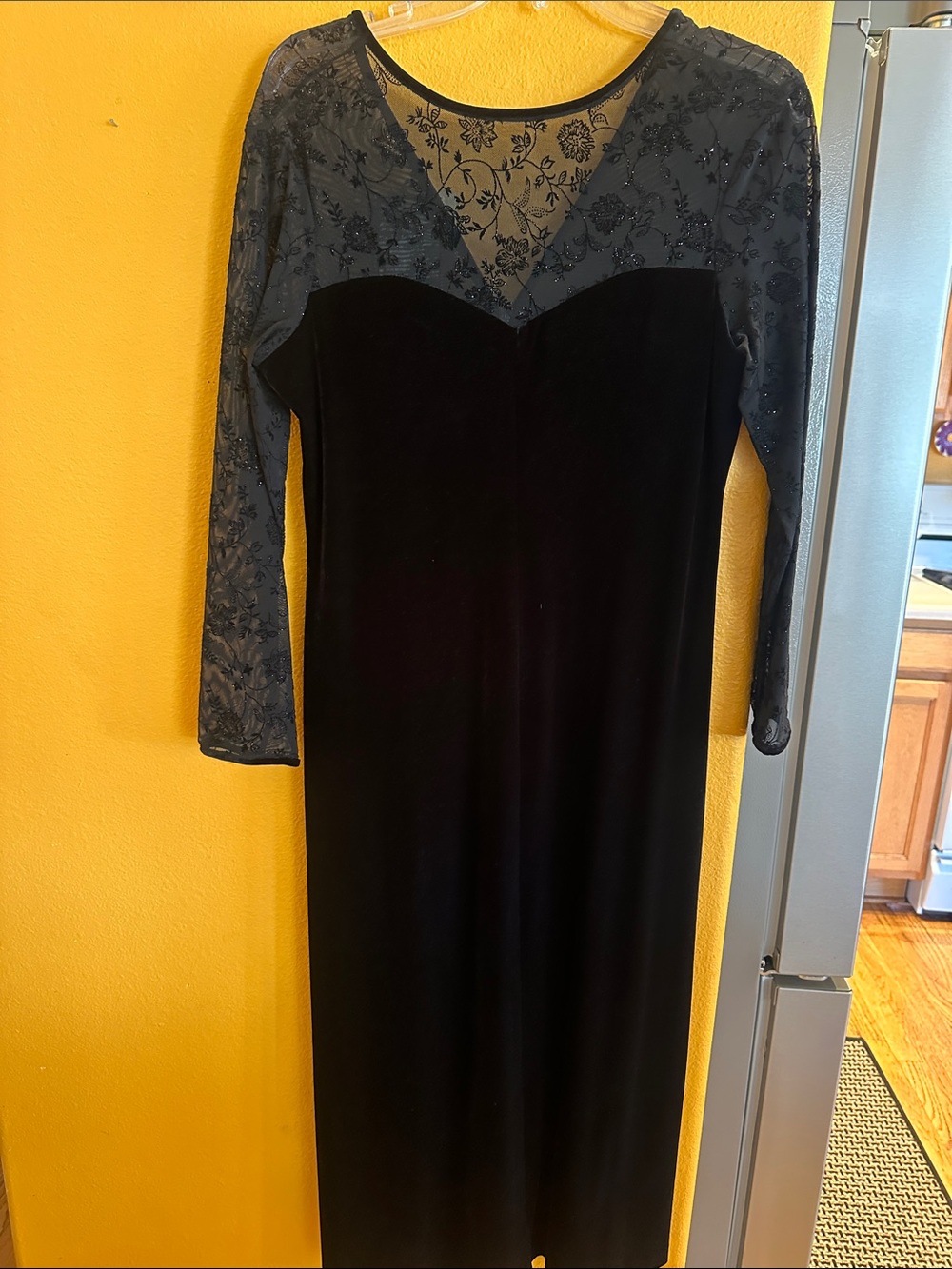 Elegant Black Velvet Evening Dress with Sheer Embroidered Yoke